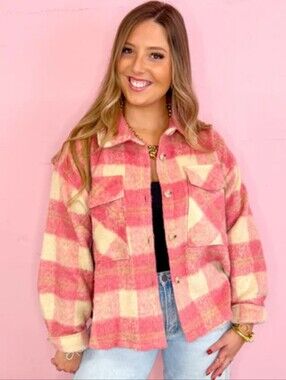 mittoshop Pink & Cream Plaid Teddy Shacket
